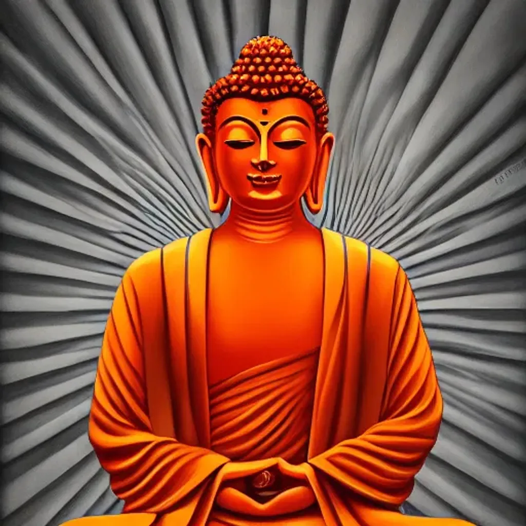 Prompt: symmetrical beautiful buddha, bright orange colors, light rays outside, detailed face, 4k, digital painting