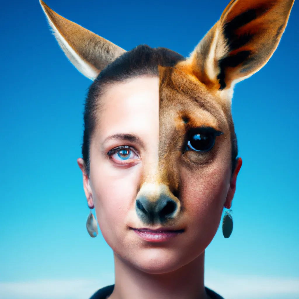 Prompt: A photo of a cute young woman's head combined with a 3D render of a hybrid kangaroo head. Epic film poster style.