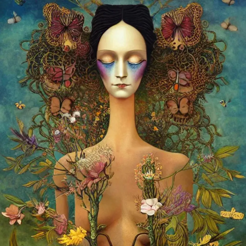 Prompt: Peruvian arpillera Oxana dobrovolska victo ngai henry rousseau Vladimir kush peregrine heathcoate catrin welz-stein Andrea kurti Andrea kowch 