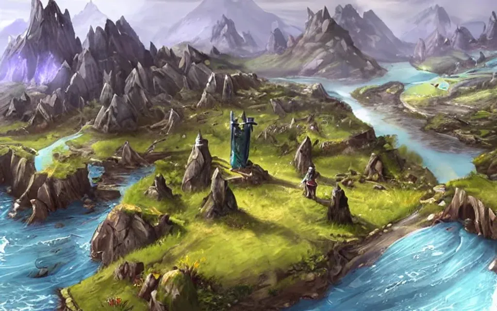 Prompt: landscape, video games, elder scrolls, morrowind, blades, swords, fantasy, dragons, mountains, fields, trees, retro, tall trees, river, water, color blue, color green, ariel view, blue sky, bright blue, bright green, battle, warriors, mages, wizards, witches, orcs, trolls, fantasy city in the distance, day time, bright, 80s dark fantasy film, 80s dark medieval film, 80s fantasy film, 80s medieval film, fantasy village, fantasy castle, fantasy stronghold, fantasy city, fantasy video game, townsfolk, dragons, tamriel, fantasy buildings, defined fantasy city, elder scrolls city, vvardenfell, volcano, red mountain, balmora, sedya neen, caldera, netch