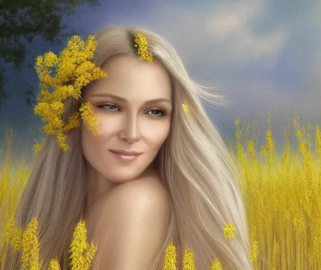 Prompt: Photorealistic digital painting of a stunningly beautiful 38 year old ethereal goddess dressed in a flowing yellow gown with long shining silver hair adorned with tiny yellow blossoms. She carries a basket. Background is sunny wheat field. fantasy artwork, realistic shaded, fine details, artgerm, ultrarealistic HDR, highly detailed. Fine facial features. Ultra realistic face. bright eyes, soft smile. D&D. smooth. sharp focus. Intricate. Magical, Fantasy, elegant, concept art. delicate and fair facial features. glowing skin and hair