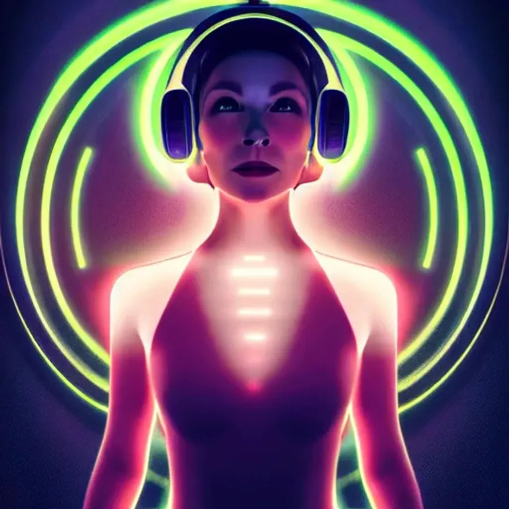 Prompt: a woman with headphones in front of a circular light, cyberpunk art, by Andrei Kolkoutine, cgsociety, retrofuturism, photorealistic portrait of bjork, heavy metal magazine cover, beautiful cyborg angel girl, andrei riabovitchev symmetrical, trend on behance 3d art, salvia droid