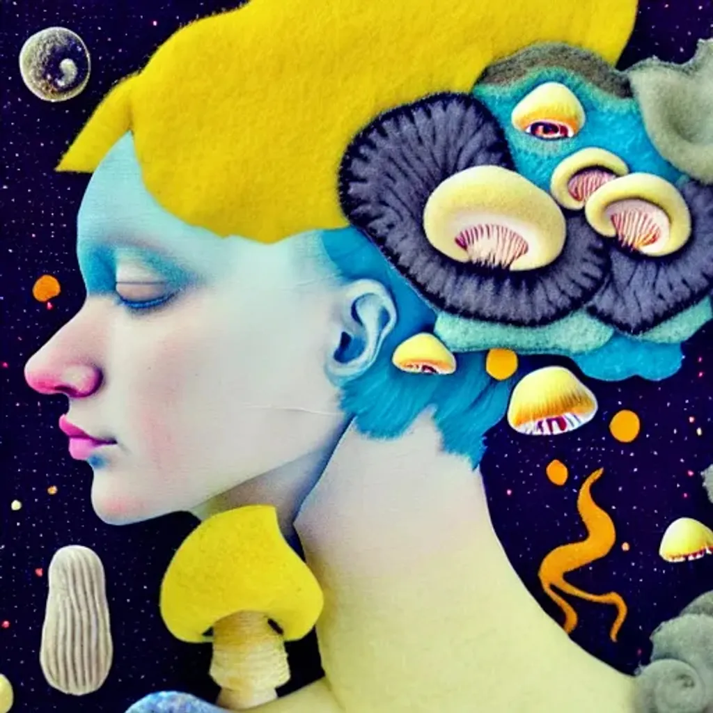 Prompt: Felt fabric portrait by Ryan Hewett, Beautiful woman with yellow hair, mushrooms growing out of her hair, hq, fungi, celestial, portrait, victo ngai, moon lemons, galaxy, moon, stars 