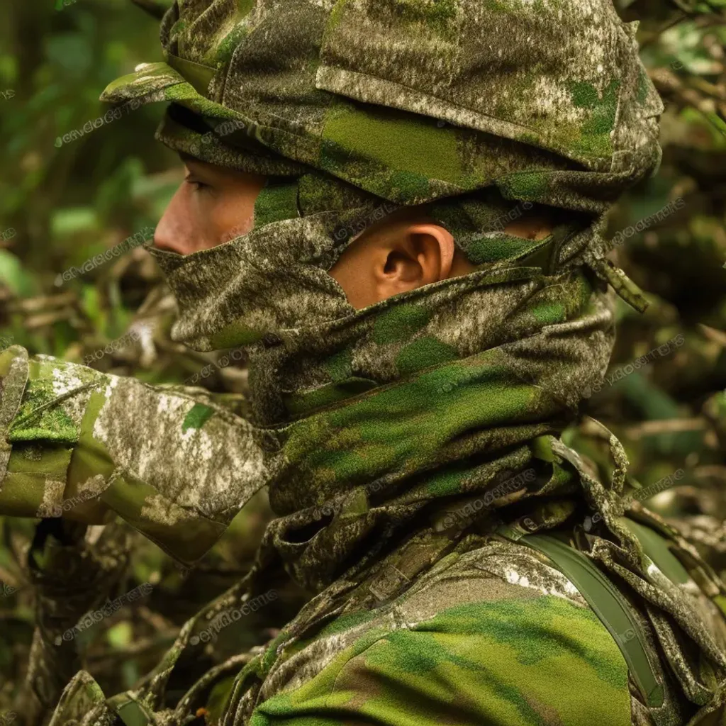 Prompt: Camouflage Colors, Portrait Photo of a Camouflaged Soldier, Long shot, action scene, highly detailed, intricate detail, Jungle, highly detailed