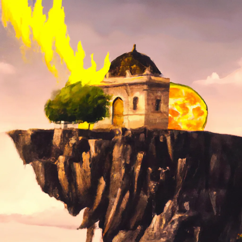 Prompt: painting of a lemon castle, 8K HD, baroque style, ancient, glowing, lava, floating