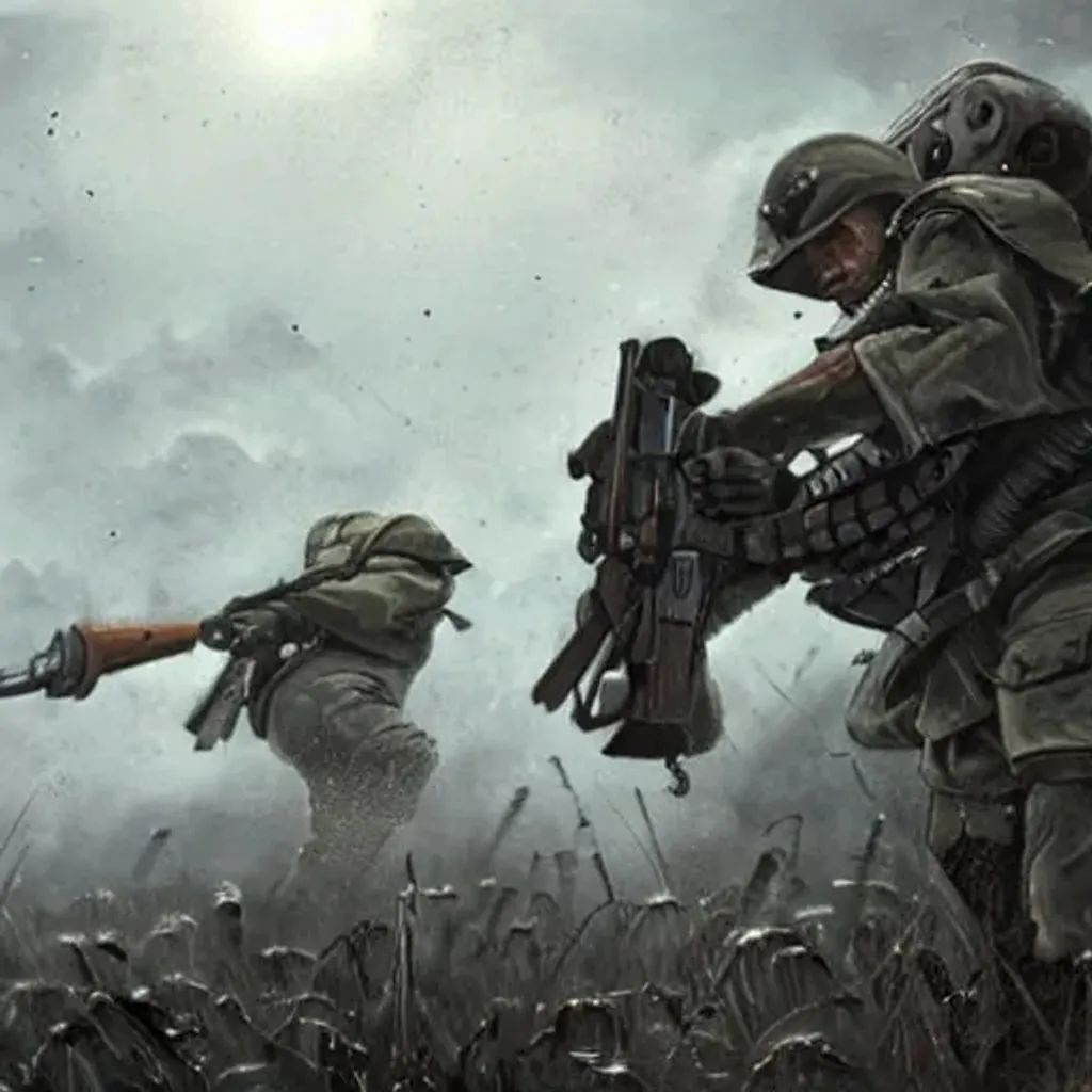 Prompt: 40k, marines, foggy, landscape, industrial, combat , art ,media