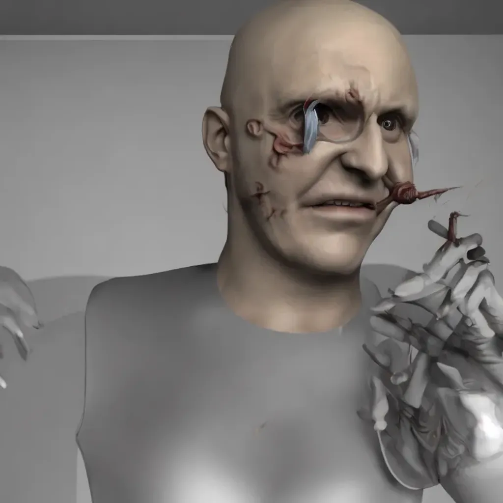 Prompt: 3d render, realistic, real life, full body, a diabolical scientist in a torture lab, dark, gothic, king