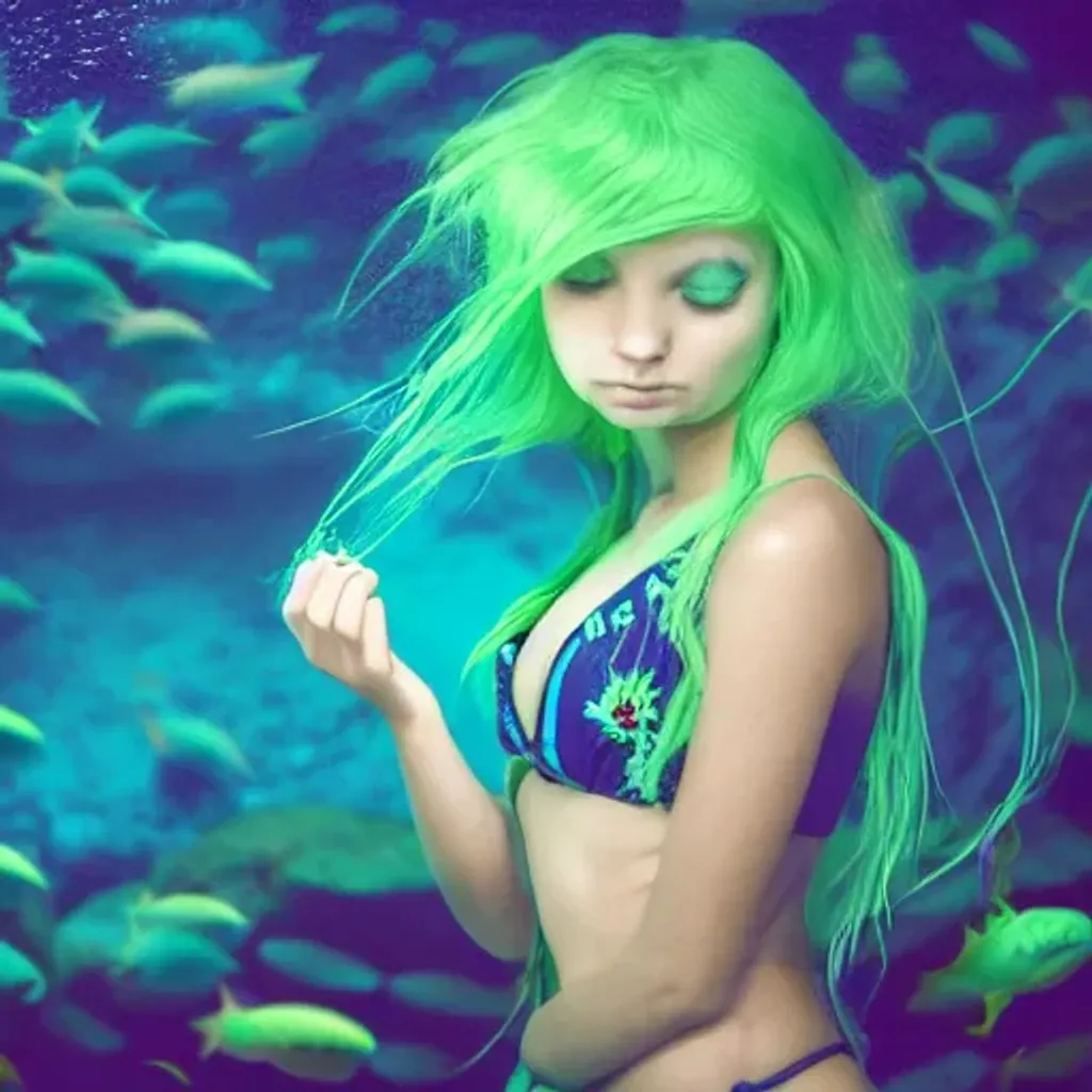 Prompt: cute girl with light green hair exploring underwater in modest swimsuit and angler-fish and colorful coral and kelp and haunted gloomy dark underwater city ruins and tunnels and caves. and refracted dim lights, darkness, bioluminescence, complex, fantasy, dramatic, ominous, lovecraftian, dramatic, marvel, digital art, artstation, smooth, sharp focus, art by artgerm and greg rutkowski and alphonse mucha