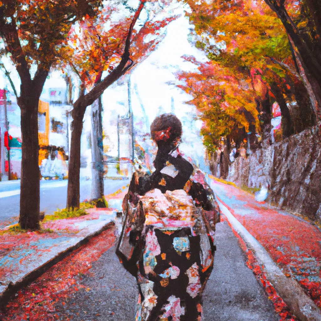 Prompt: a girl wearing a kimono with ornaments like in an autumn style and the leaves are falling from the trees near street filled with beautiful cherry trees