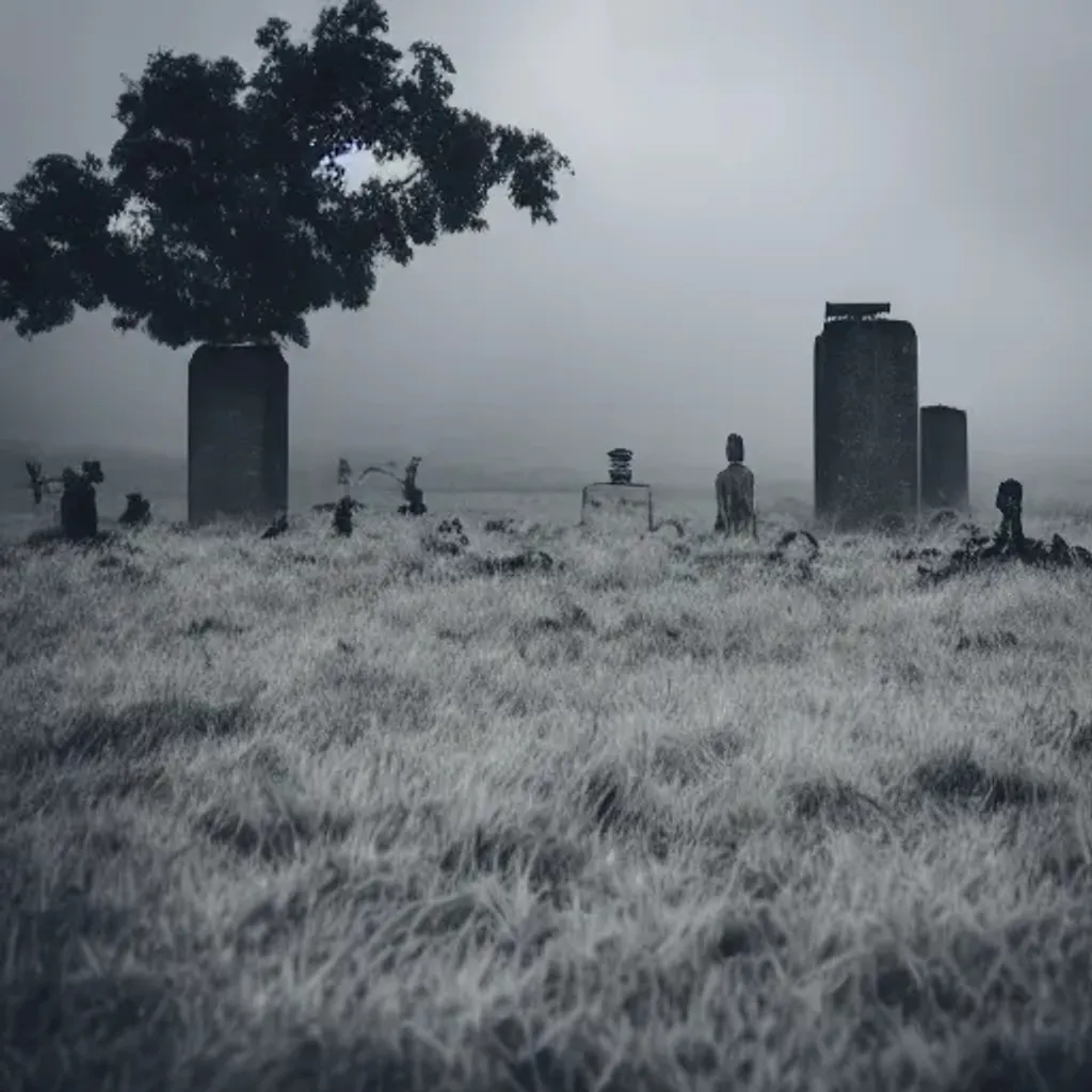 Prompt: field full of broken crumbling concrete people statues, dead grass and trees, cloudy rainy sky, moody colors, liminal space, fog