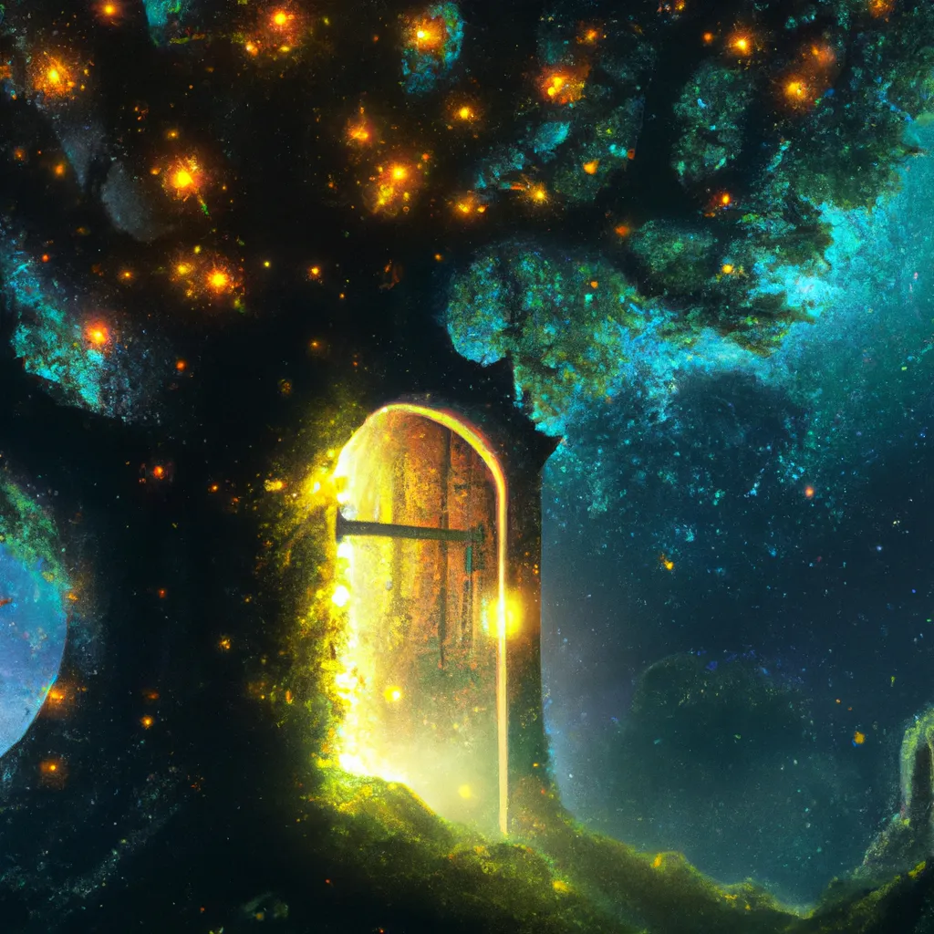 Prompt: an oak tree with a magical door, a luminescent path with fireflies leads to the door, majestic, giant, night-time, night sky with stars, digital art, art by Jessica Rossier, art by Stephan Martiniere, art by Caspar David Friedrich, Trending on ArtStation
