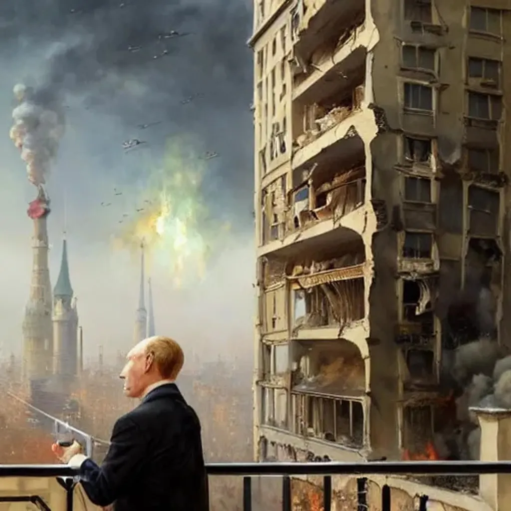 Prompt: (((Putin))) drinking a cup of Polonium tea while looking out of a dangerous window on the top floor of a tall building, while Russia is in flames and ruins, hyperdetailed masterpiece by greg rutkowski, trending on artstation, centered, in frame, (((perfect composition)))