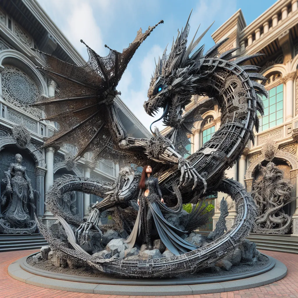 Prompt: An intricate cyber sculpture of a dragon-clad gyaru, crafted with meticulous attention to detail and set against a backdrop of gothic architecture and cinematic sets, captured in stunning high quality with the Voigtlander Heliar 15mm f/4.5 lens by Tomasz Jedruszek.