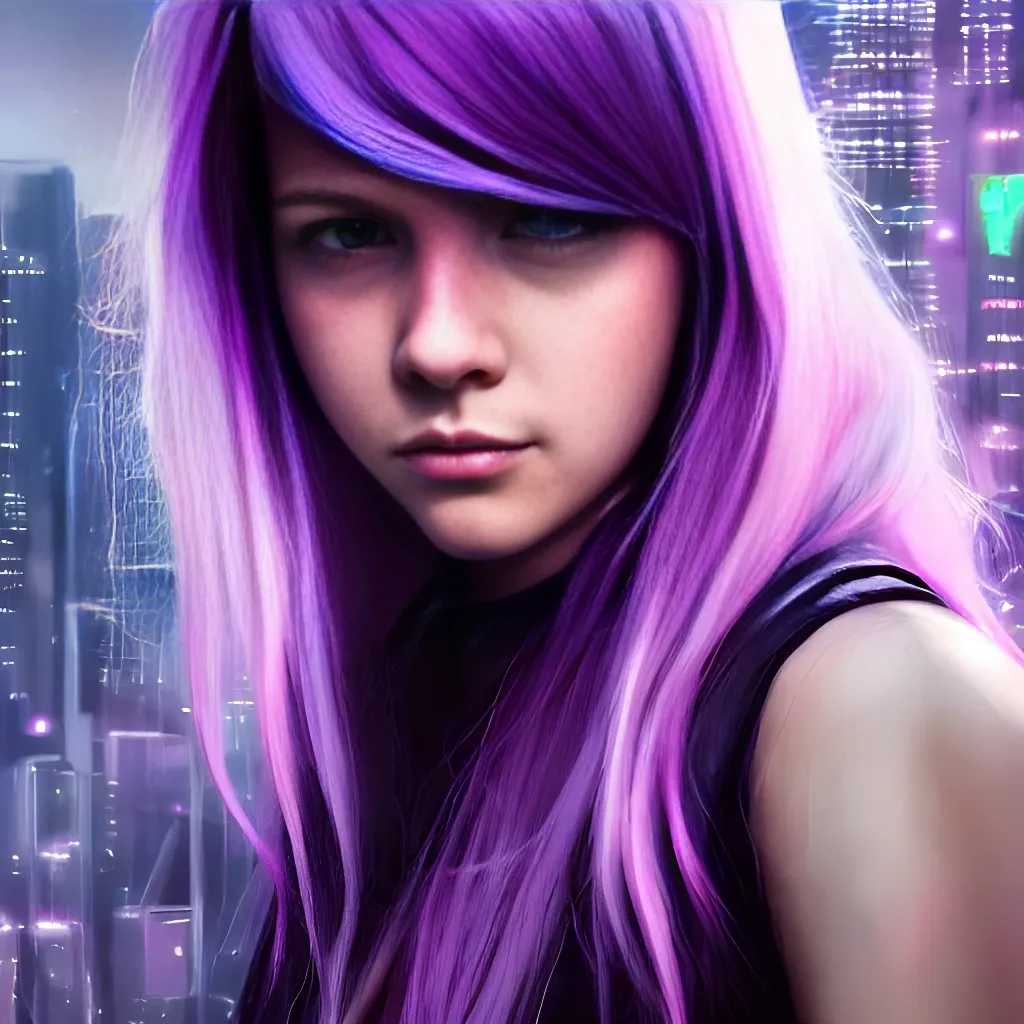 Prompt: Portrait of {girl} with {purple} hair and with cute face, {Cyberpunk City Vibe}, perfect composition, hyperrealistic, super detailed, 8k, high quality, trending art, trending on artstation, sharp focus, studio photo, intricate details, highly detailed, by greg rutkowski