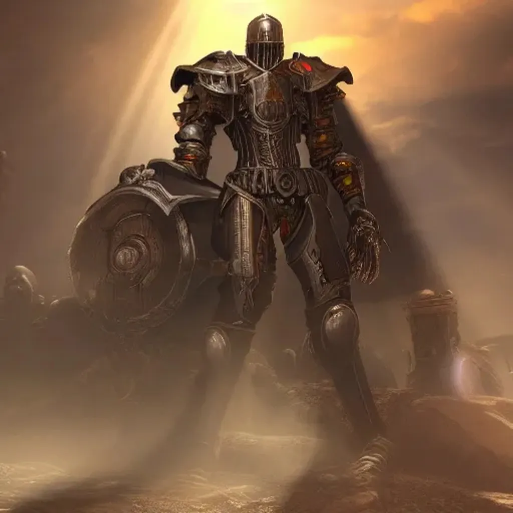 Prompt: dark fantasy mechanical knight, sunset in clauds, sun shafts, ultra detailed, open plan, realistic, 4k