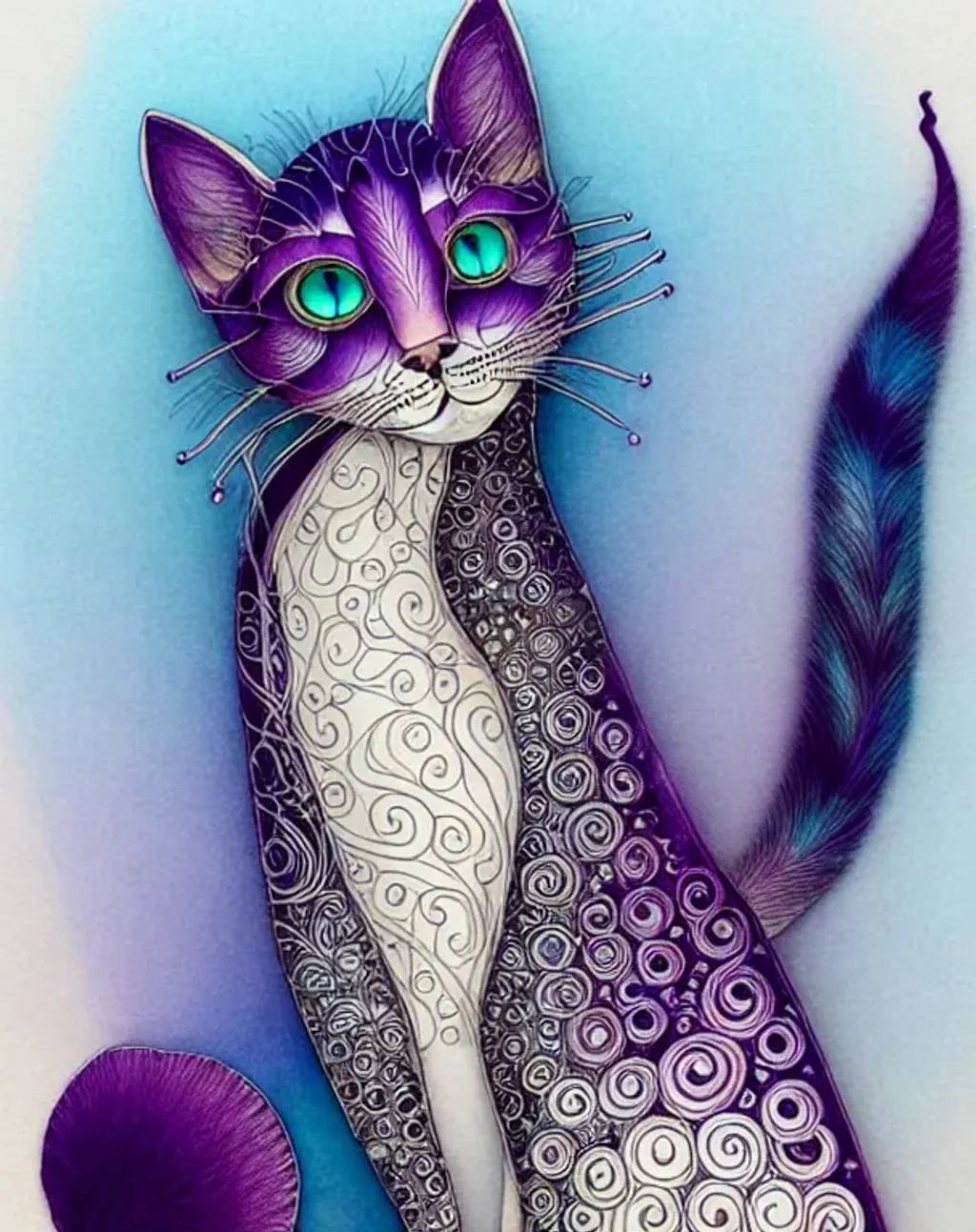 Prompt: Sitting Zentangle water cat, indigo, aubergine, cream photorealistic eyes, very fine long wispy fur, translucent colours, fursona, water droplet reflections, bejewelled, in the style of Patricia Polakko, background gradient peach,  intricate, hypermaximalist elegant aesthetic, ornate, hyper realistic, cinematic, furpunk, animecore, concept art, in the style of victo ngai, smooth, sharp focus, Unreal Engine 5, 128K UHD pi, fractal, fBm