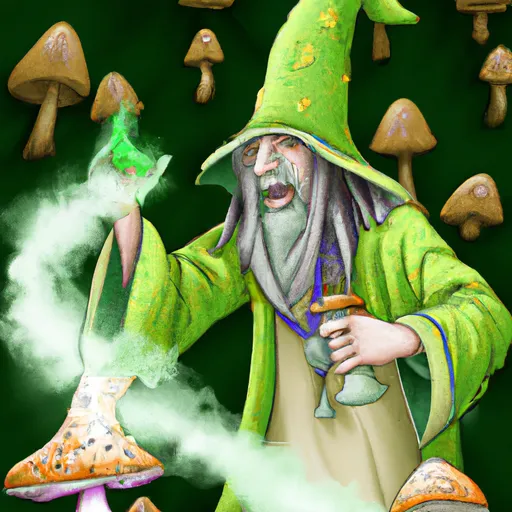 Prompt: realistic green wizard hitting a bong near mushrooms 