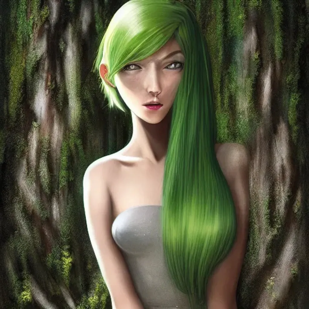 Prompt: full body portrait image of a beautiful girl with green hair, slender body, average height, white skin, hazel eyes, sculpted eyebrows, narrow nose, thin face, long hair, beautiful female, detailed Moss Green hair, whimsical, atmospheric, dynamic lighting, photo realistic, very beautiful, elegant, highly detailed, digital painting, art station, concept art, smooth, sharp focus, illustration, coloured


