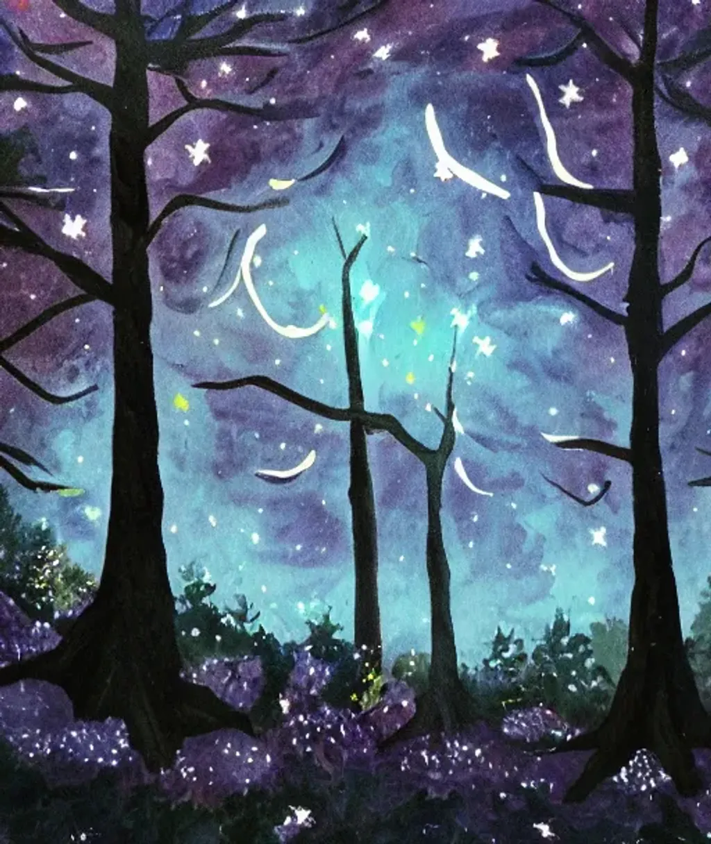 Prompt: Meteor shower painting trees dark woods fairies magical elemental