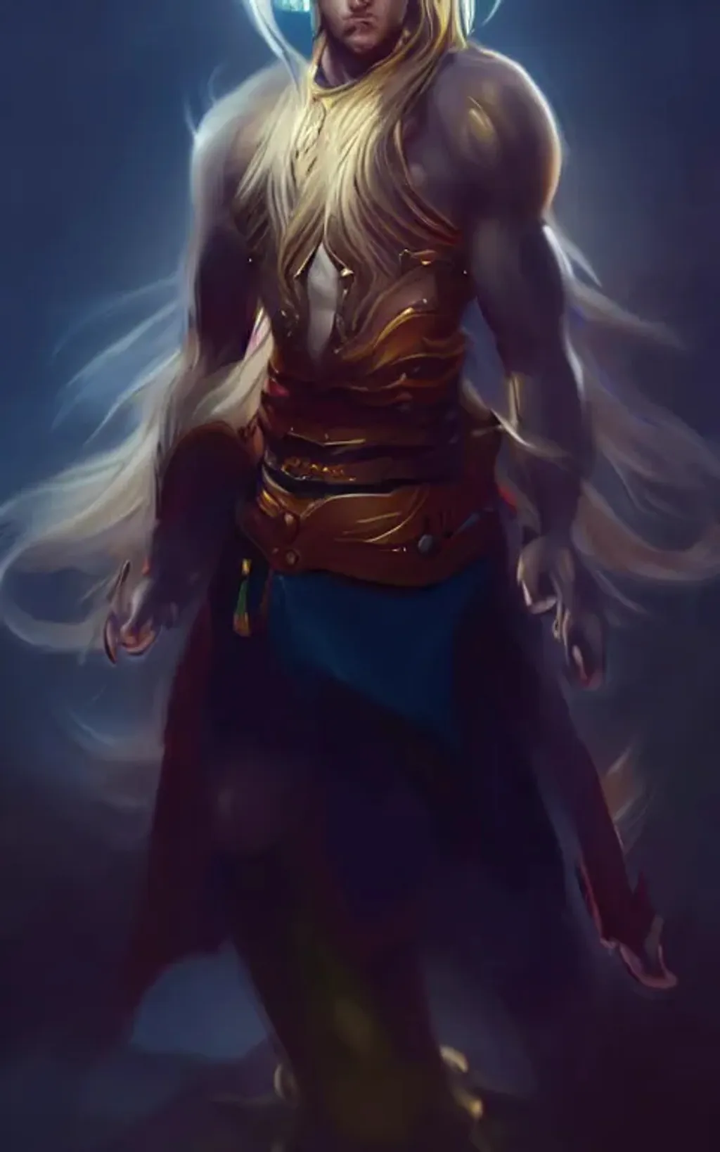 Prompt: blonde fantasy king, sun war god, artstation, epic fantasy art