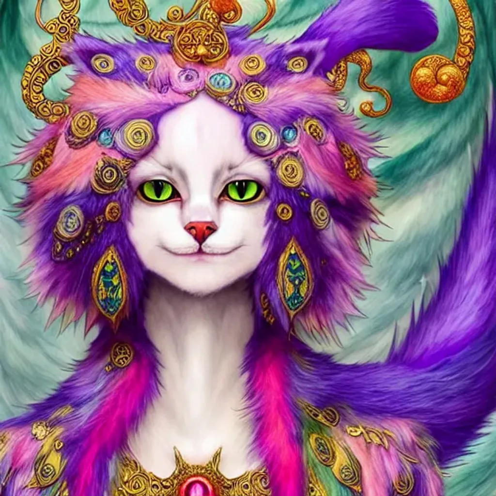 Prompt: cat girly shapeshifter fursona, green orange red purple eyes, soft downy face fur, colourful, very fine luxurious long flowing hair, humanoid in the style of Annie Swynnerton and victo ngai, detailed and intricate, ornate, hyper realistic, super detailed, and intricate, hypermaximalist elegant aesthetic, ornate, artifact, fractal, otherworldly, perfection, awesomeness, glee, spotted fur, volumetric lighting, volumetric swirling mist, pink orange red charcoal blue, cinematic, furaffinity, 128K, UHD, Unreal Engine 5, pi, fractal, fBm
