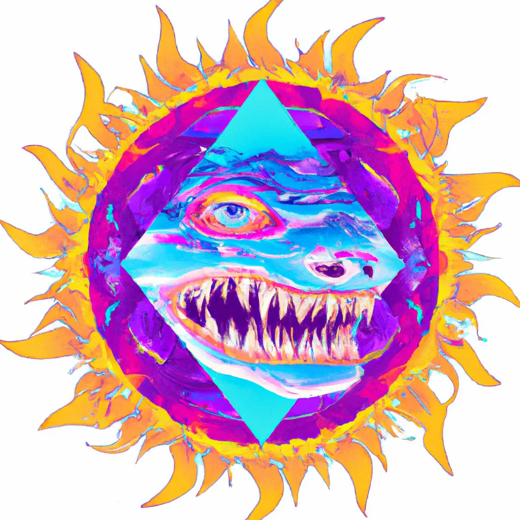 Prompt: sun with face acid trip alchemy, esoteric, hyperrealistic, vaporwave, shark, 