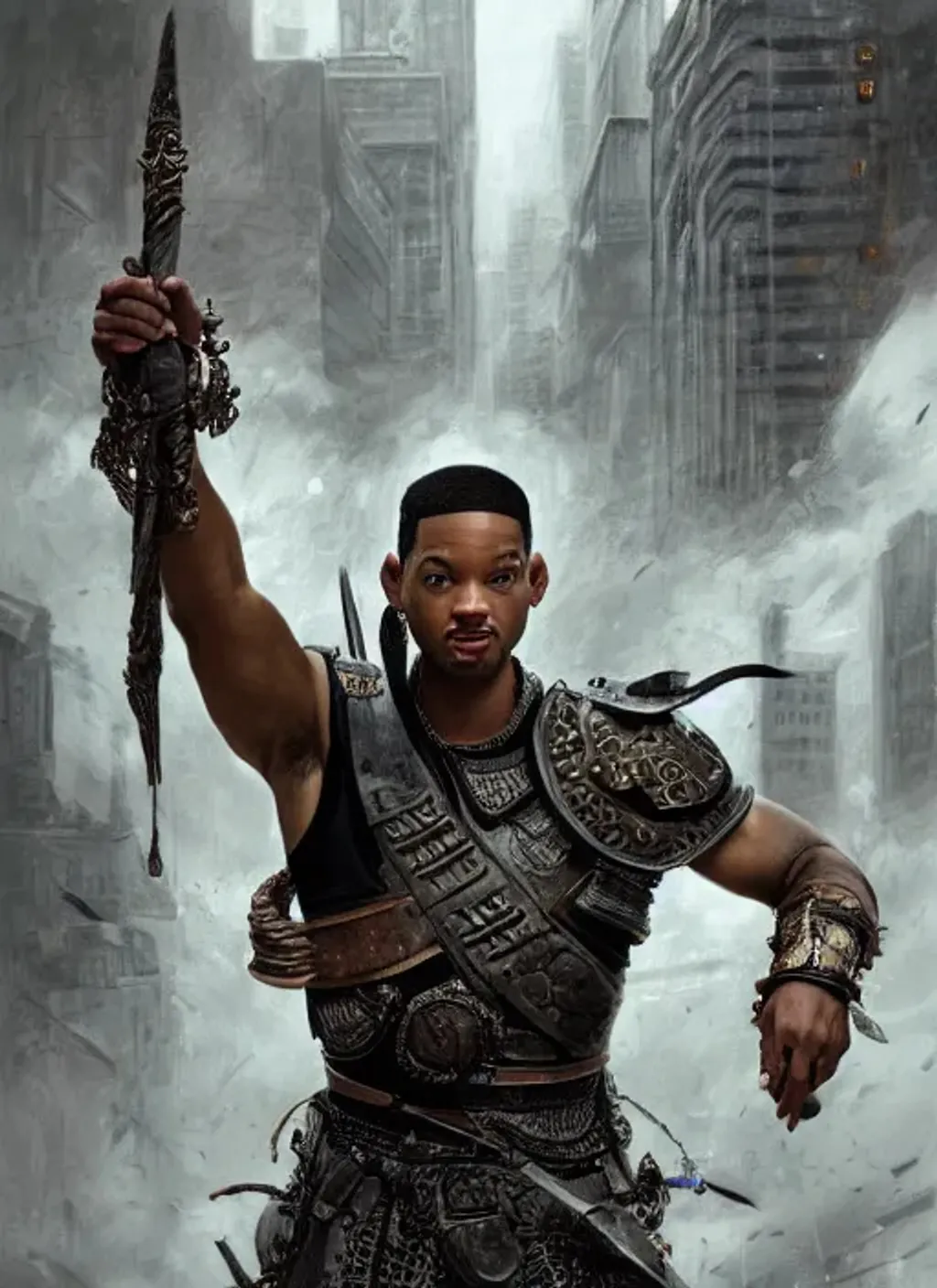 Prompt: Portrait of {23-year-old Will Smith as a warrior} with {black} hair and with cute face, {city}, perfect composition, hyperrealistic, super detailed, 8k, high quality, trending art, trending on artstation, sharp focus, studio photo, intricate details, highly detailed, by greg rutkowski