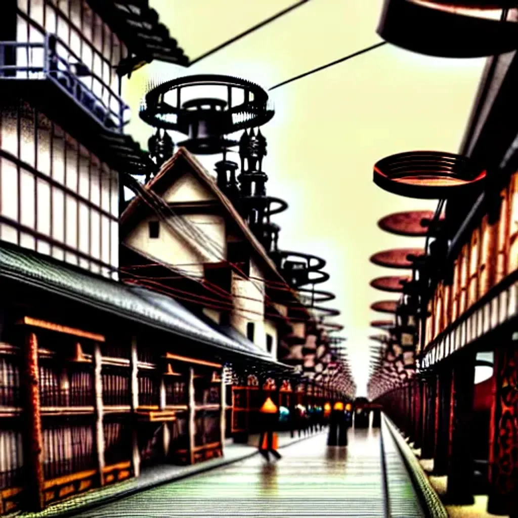 Prompt: Steampunk Japanese city with many factories and smokestacks, steampunk robots in the streets, Imperial Japan, cobblestone streets, gritty, broad light, wide angle, over the shoulder point of view, overcast, highly detailed, picturesque, romantic, vivid colors