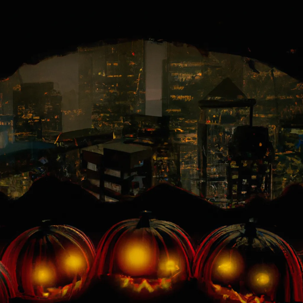 Prompt: Its a Halloween city, Spiders peak through a lit screaming jack-o-lantern pumpkin on fire, wide angle, sinister scene,  sharp focus and details, fine art, Halloween theme, orthogonal view  dark background By Mel Ramos