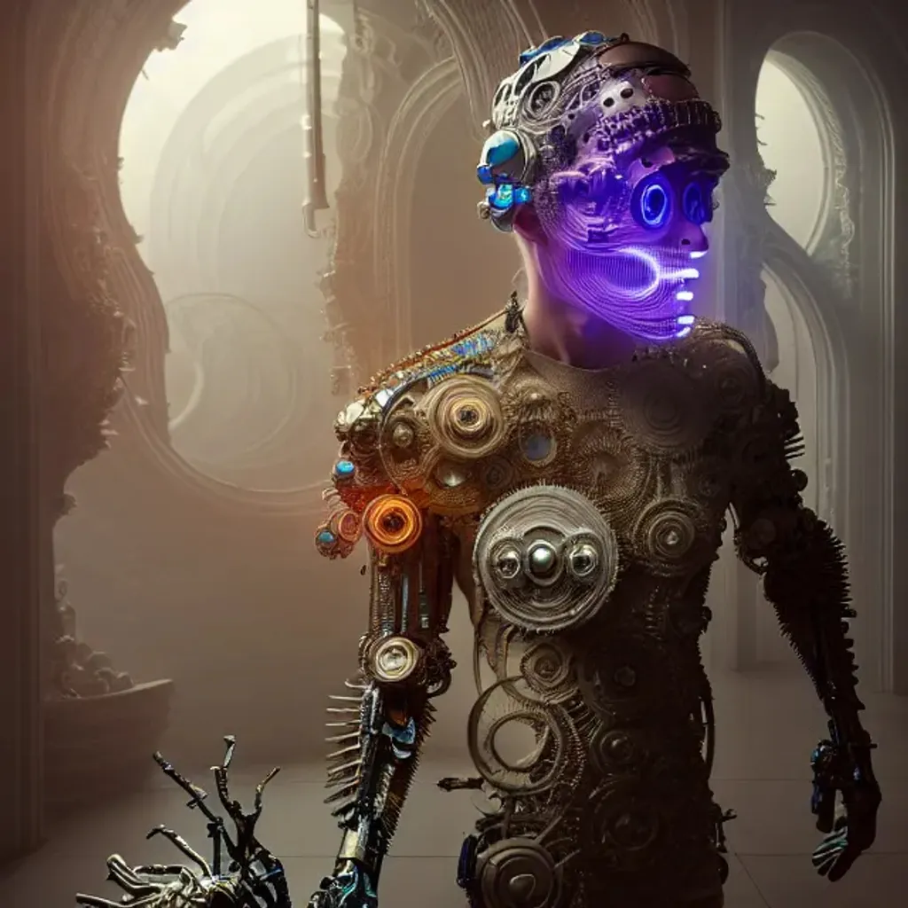 Prompt: A photorealistic 3d render of a male cyborg wearing an intricate venetian mask, raytracing, radiant colors, fantasy, dystopic, texture, magical realism, eerie, futuristic, circuits as floor, wide view shot by Ellen jewett , tomasz alen kopera and Justin Gerard symmetrical features, 