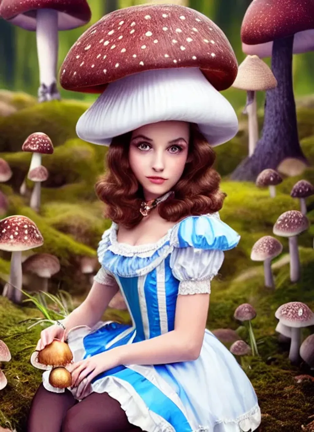 Prompt: alice in wonderland with brunette hair and with cute face, sitting on a mushroom, perfect composition, hyperrealistic, super detailed, 8k, high quality, trending art, trending on artstation, sharp focus, studio photo, intricate details, highly detailed