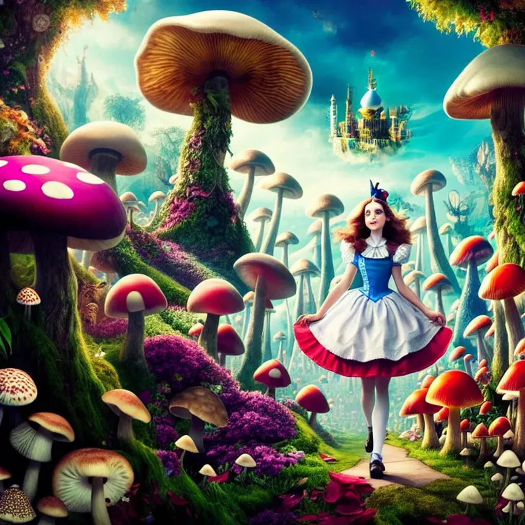 Prompt: alice in wonderland with brunette hair and with cute face, sitting on a mushroom, solarpunk, maximalist highly detailed and intricate professional photography, a masterpiece, 8k resolution concept art, detailed matte painting, deep color, fantastical, intricate detail, splash screen, complementary colors, fantasy concept art, 8k resolution trending on Artstation Unreal Engine 5