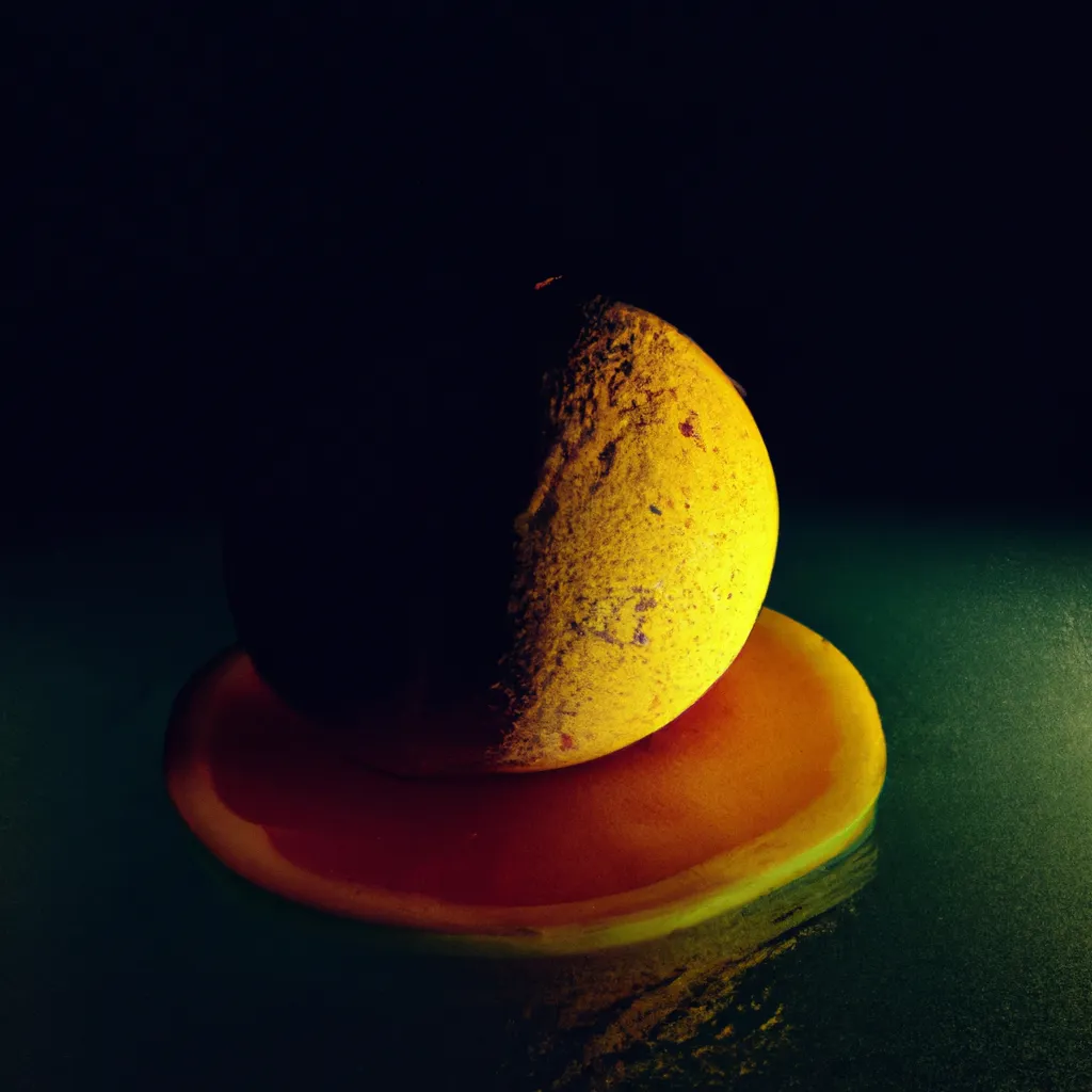 Prompt: Melon and lemon mixed together in a space background photo real style 50mill camera reddish light 