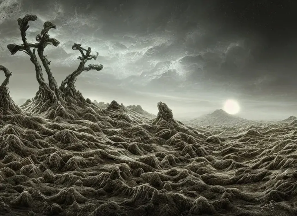 Prompt: Deserted landscape covered in alien growths, dark, digital art, high resolution, atmospheric