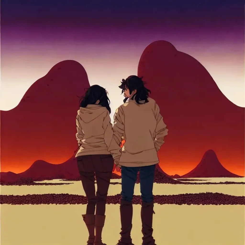 Prompt: chubby thick girl with, dark curly brown hair, holding hands with a man with long dark brown hair in a ponytail, standing in alien dessert infront of a ruined city, by Makoto Kobayashi, by Moebius, by Jean Giraud, manga, anime style, 80's, Intricate, Hand drawn, concept art, grainy color, dim lighting, Anime Key Visual, beautiful composition, detailed face, anime face, detail on face