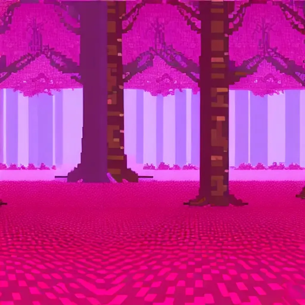 Prompt: a pixel style picture of a pink fantasy forest, centered, pixel art, polycount contest winner, cute, symmetrical portrait, compute shader, very clean art