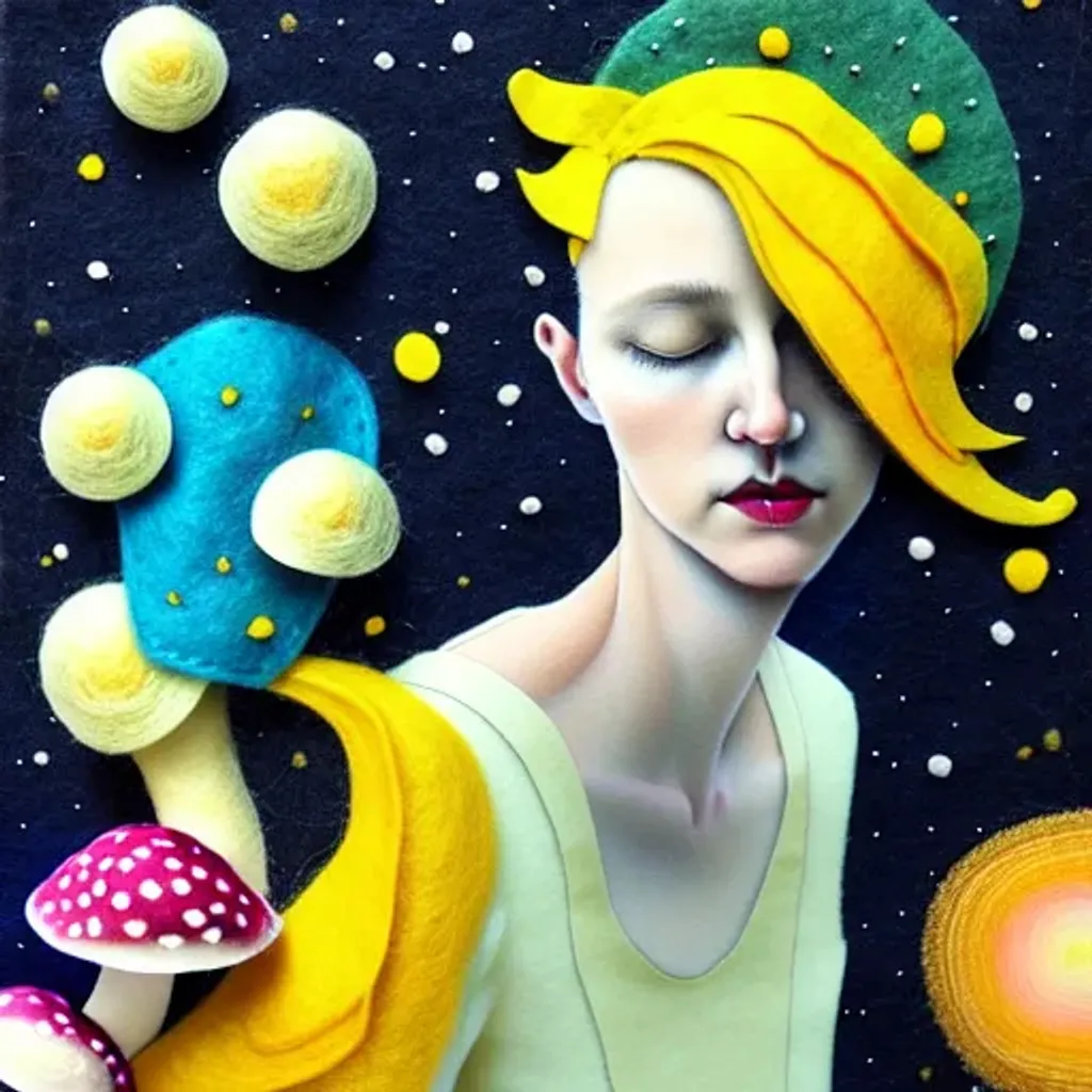 Prompt: Felt fabric portrait by Ryan Hewett, Beautiful woman with yellow hair, mushrooms growing out of her hair, hq, fungi, celestial, portrait, victo ngai, moon lemons, galaxy, moon, stars 