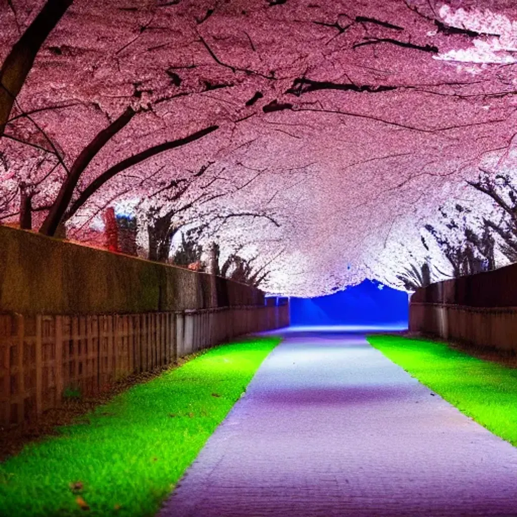 Prompt: brick path with cherry blossom trees, fence behind trees during night, street lamps