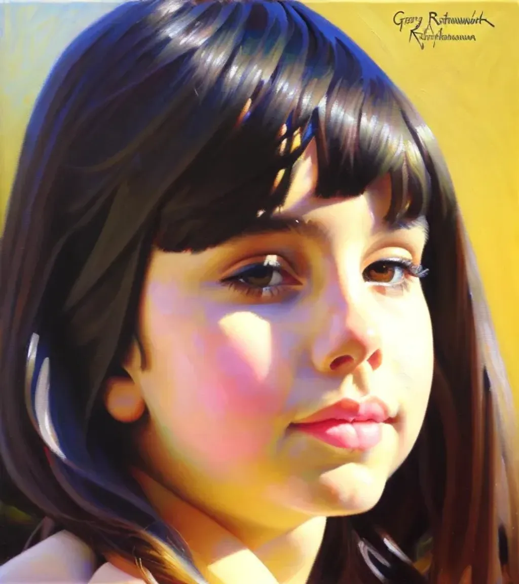Prompt: Portrait of a 12-year old girl, hispanic, pale yellow-ish skin, short black hair, bangs, dark brown eyes, wet, water, warm colors, pool, extremely detailed painting by Greg Rutkowski and by Henry Justice Ford and by Steve Henderson
