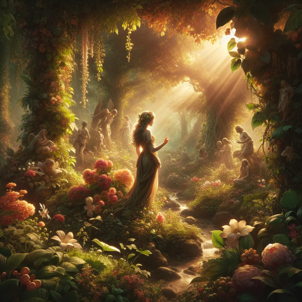 Prompt: (Eve in the Garden of Eden), lush greenery, vibrant flowers, soft sunlight filtering through leaves, serene atmosphere, sense of innocence, warm tones, intricate details in foliage, humbled expression on Eve’s face, delicately designed attire, magical ambiance, ultra-detailed, high quality, enchanting environment, symbolic representation of paradise and temptation.