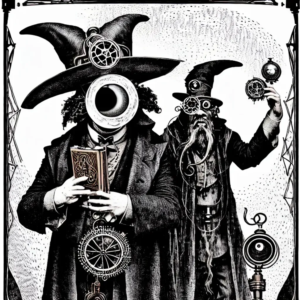 Prompt: portrait of an steampunk antropomorphic Anteaters wizard with a monocle, holding a spellbook, conjuring an old soul in order to reestablish balance in the world, hyperrealistic, 8k, drawing with ultrafine lines, mystic vibes in tarot card, three eyes, mildly pscyhedelic, cannabis, black and white with ultrafine!!!! lines