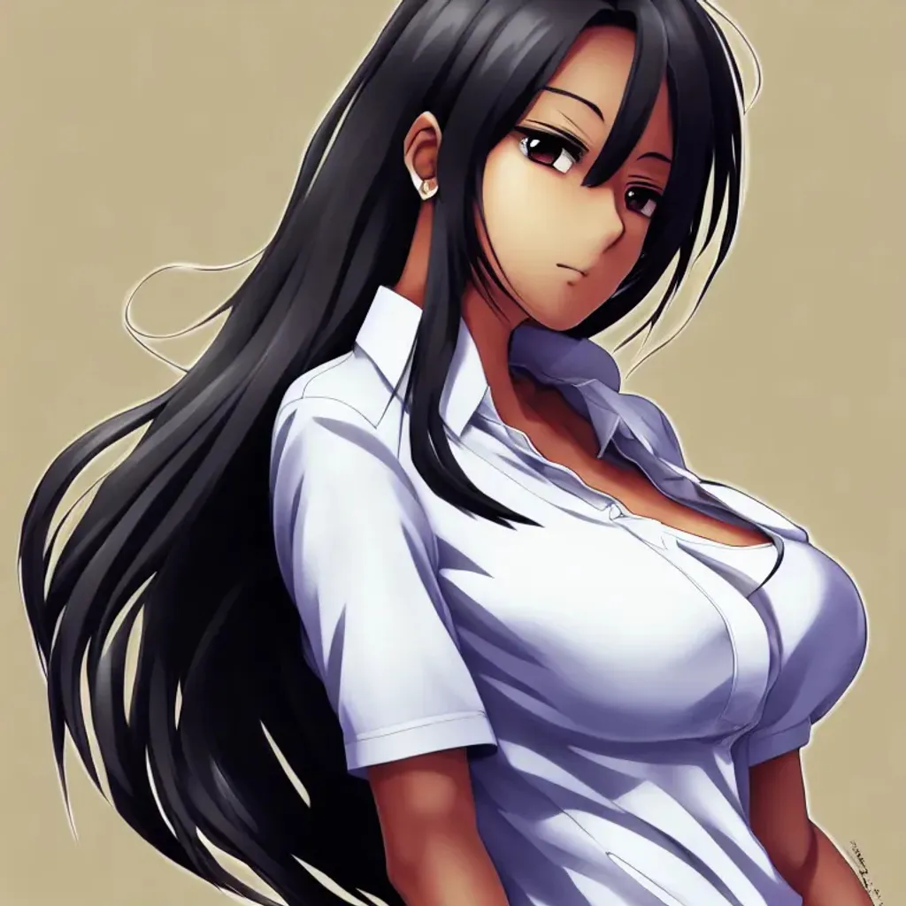 Prompt: ANIME ART STYLE, DARK TANNED SKIN, Black woman, WHITE OFFICE T-SHIRT blouse with cleavage, BLAKC RICH HAIR, MATURE FACE, BEUTIFUL, HIGH SCALE RENDER, SEDUCTIVE, realistic facial features, 8k, anime render