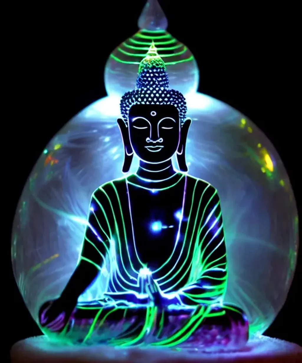 Prompt: a detailed glowing Buddha made of light inside a crystal sphere meditating in space