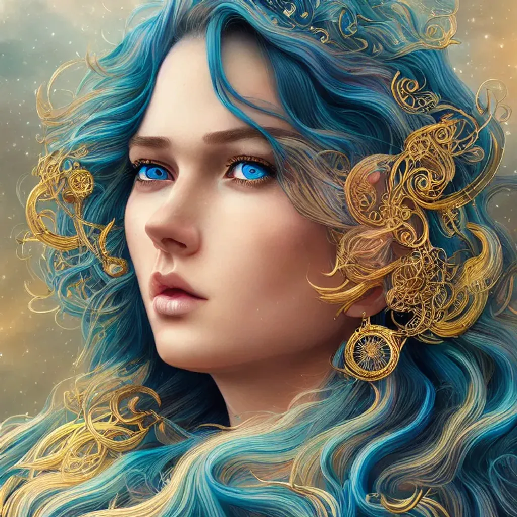 Prompt: Head and shoulders portrait of a beautiful young woman with long flowing rainbow hair, detailed blue eyes, detailed facial features, gold earrings, by Anna dittmann, epic cinematic brilliant stunning intricate meticulously detailed dramatic atmospheric maximalist digital matte painting