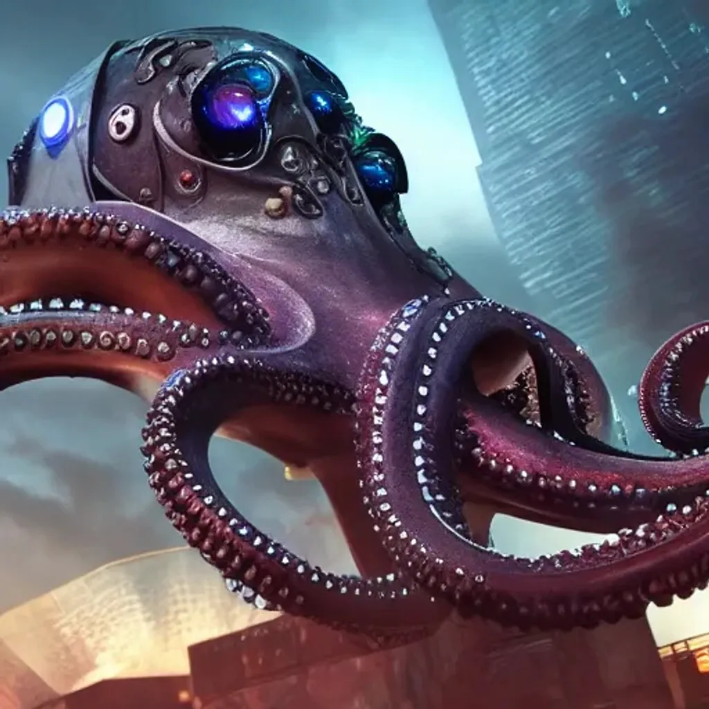 Prompt: a cyborg octopus made of metal in a large city, shiny, chrome, glowing eyes, cinematic lighting action shot