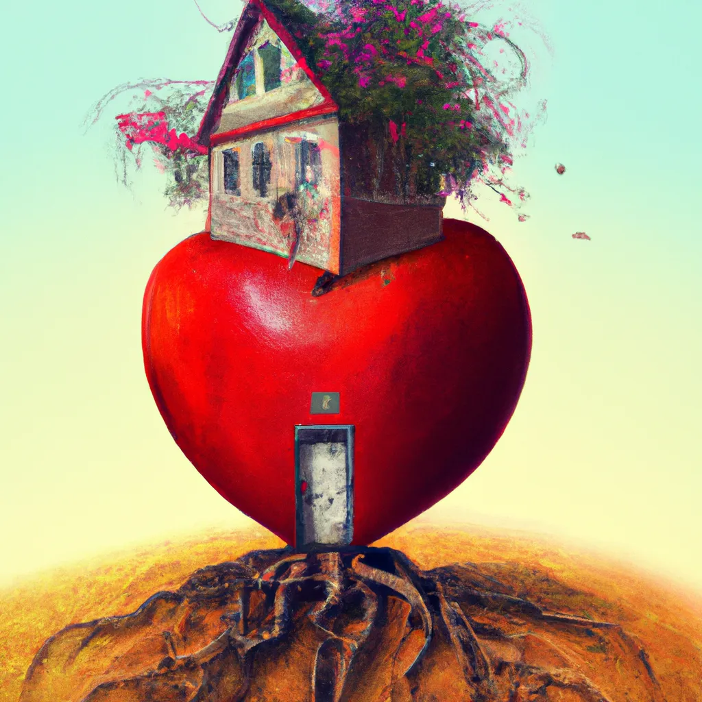 Prompt: Expressive surrealism digital art 

        Heart  Tree growing with long roots on a big apple house 

          