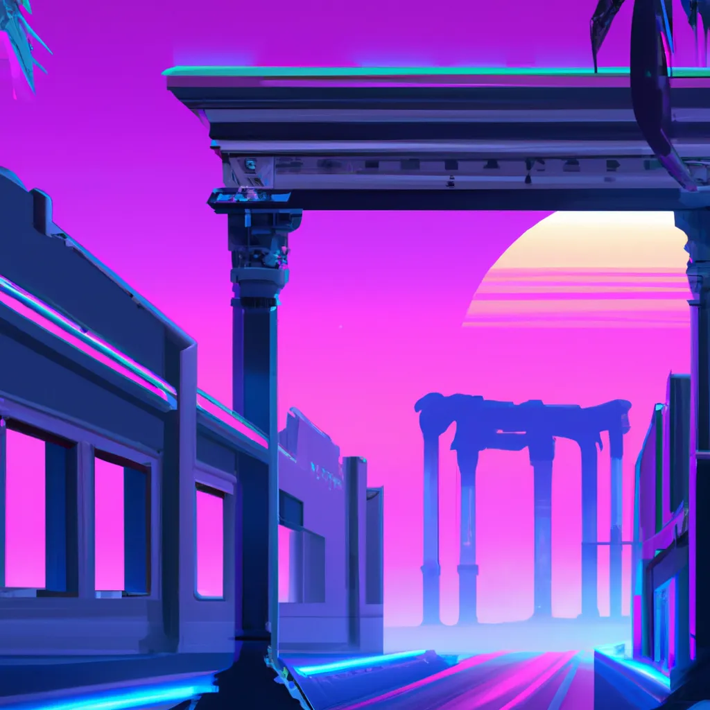 Prompt: Ancient city ruins, outrun, retrowave, synthwave, vaporwave, digital art