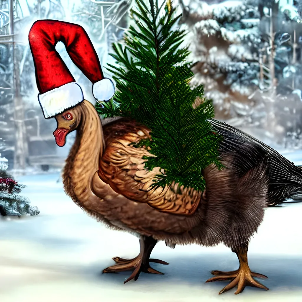 Prompt: Turkeys fighting Christmas trees, dressed in militia gear, funny, masterpiece, trending on art station, intricate details, unreal engine, realistic