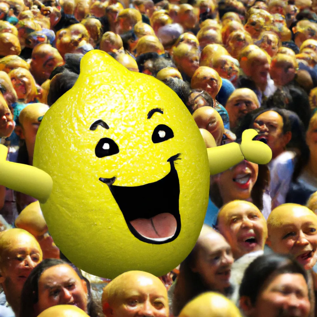 Prompt: 3-D, Photo-Realistic, Laughing Giant Lemon surround by huge crowd of, photo-realistic, ecstatic, cheering, dancing, lemon admirers
