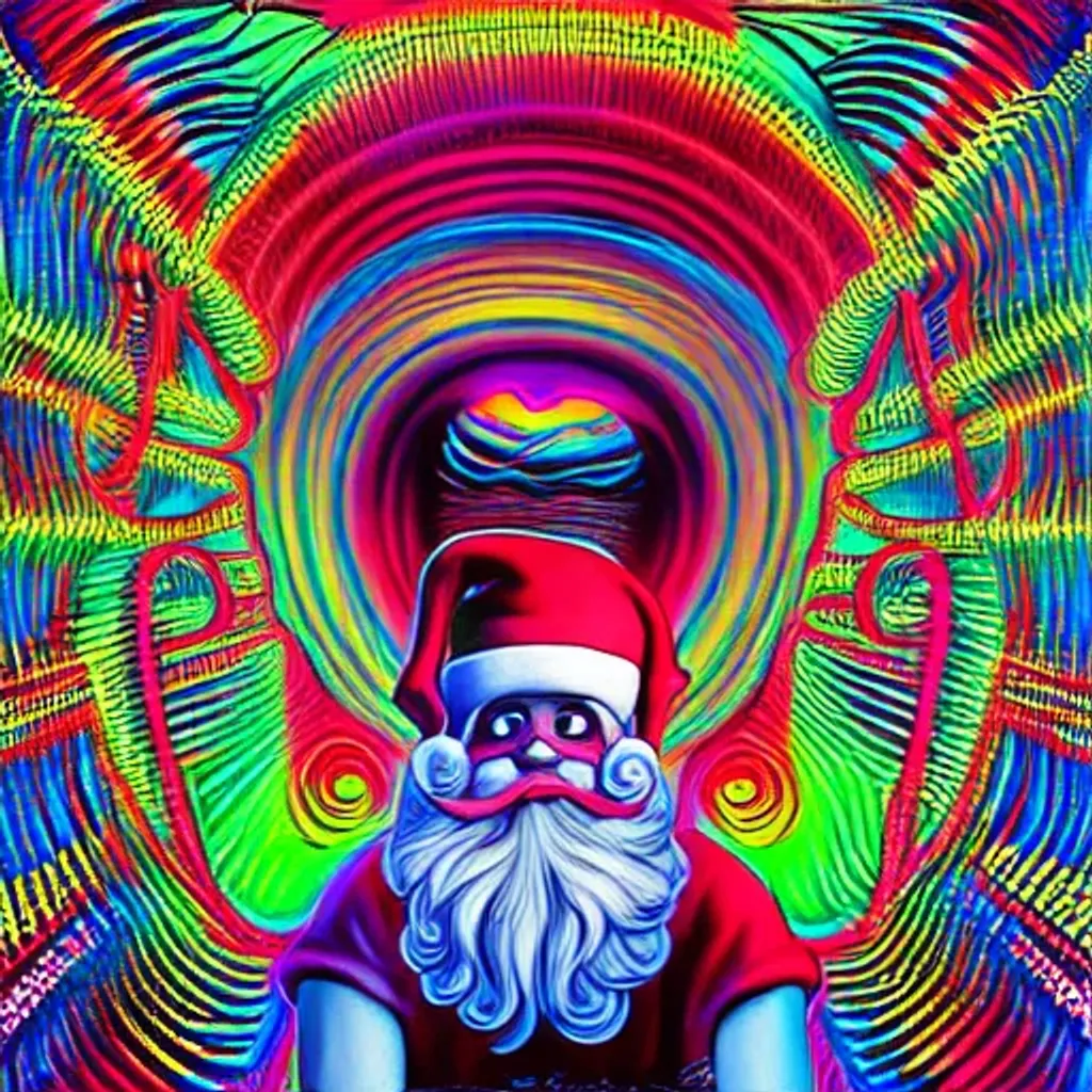 Prompt: hypnotic psychedelic art, Santa Claus, happy and smiling atmosphere, macabre art, digital art, video game art, pop surrealism, dark glow neon paint, mystical